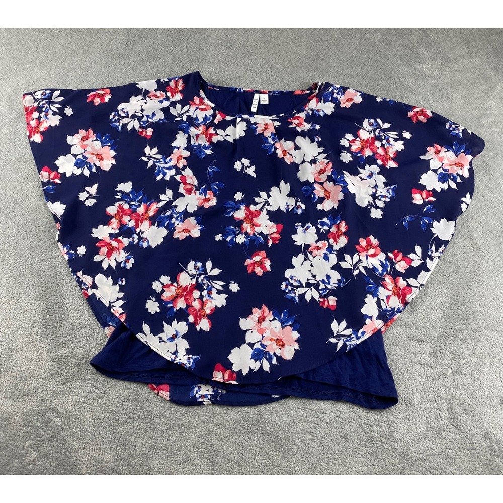 ELLE Women Navy Blue Floral Print Flutter Sleeve Blouse Top‎ Size Medium